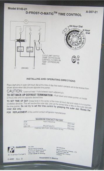 8145-21 PARAGON TIMER COLD ROOM DEFROST TIME CLOCK FOR REFRIGERATION