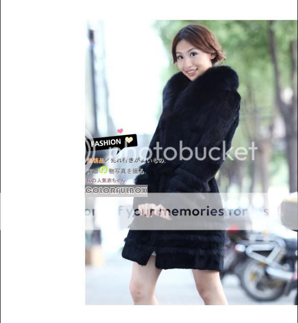 REAL FOX FUR COLLAR RABBIT FUR COAT/JACKET/XL BLACK  